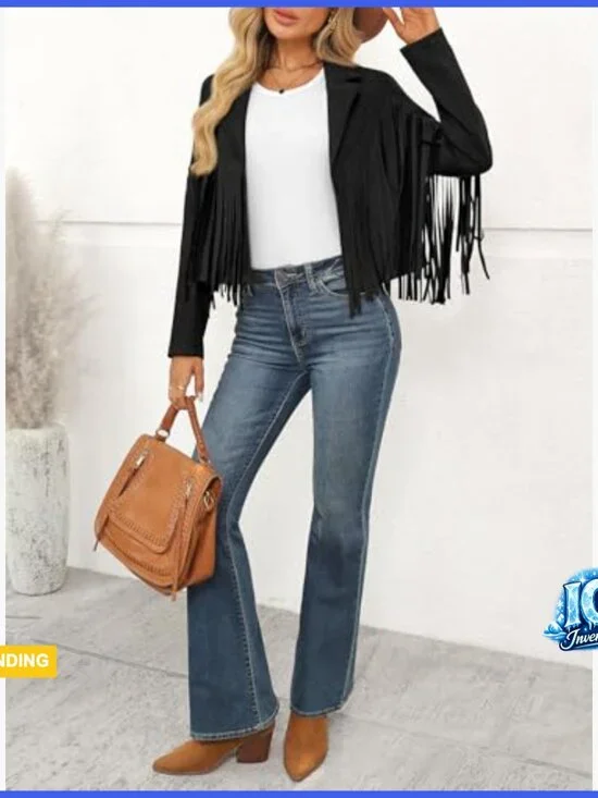 Cropped Faux Suede Leather Fringe Jacket Western Biker Moto Style - Picture 6 of 6